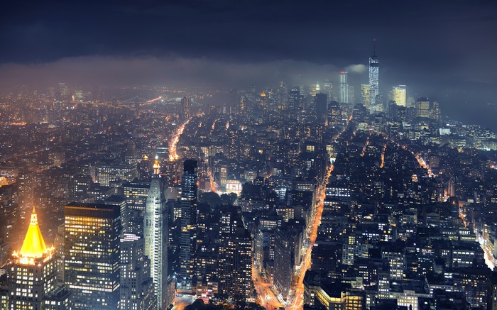 New York City skyline at night with fog