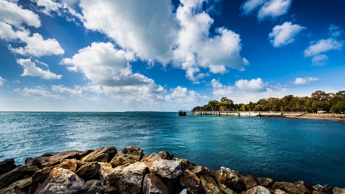 Rocky shore with a pier and trees under a cloudy sky