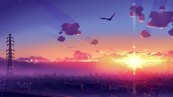 Anime cityscape at sunset with birds flying