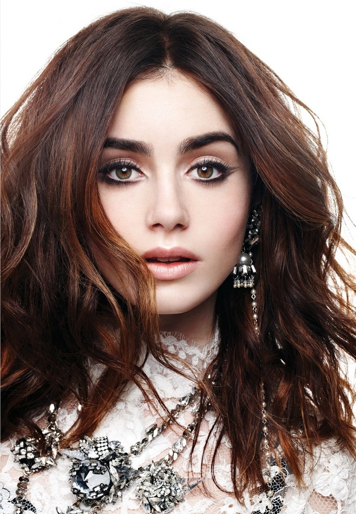 Lily Collins portrait with elaborate jewelry