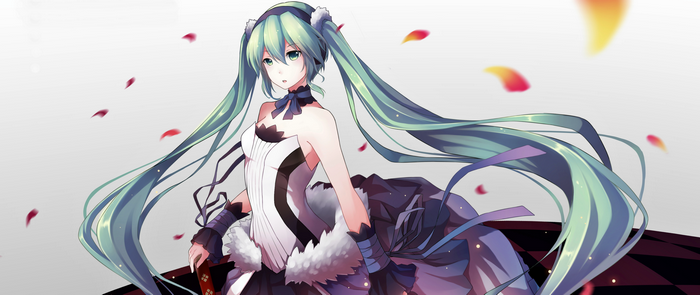 Hatsune Miku in a black and white dress with twintails