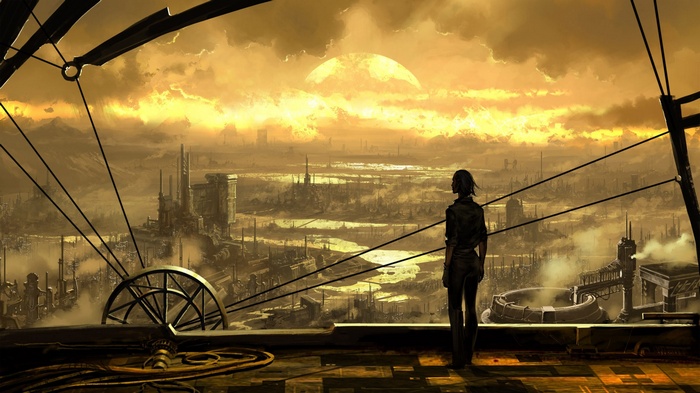 Steampunk city with a lone figure overlooking the landscape