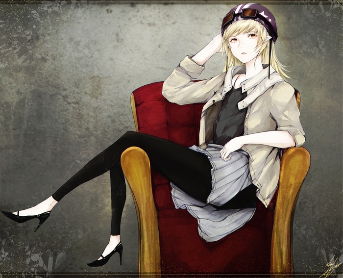 Oshino Shinobu sitting in a red chair wearing a helmet