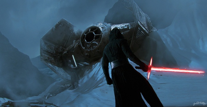 Kylo Ren with Lightsaber near Crashed TIE Fighter