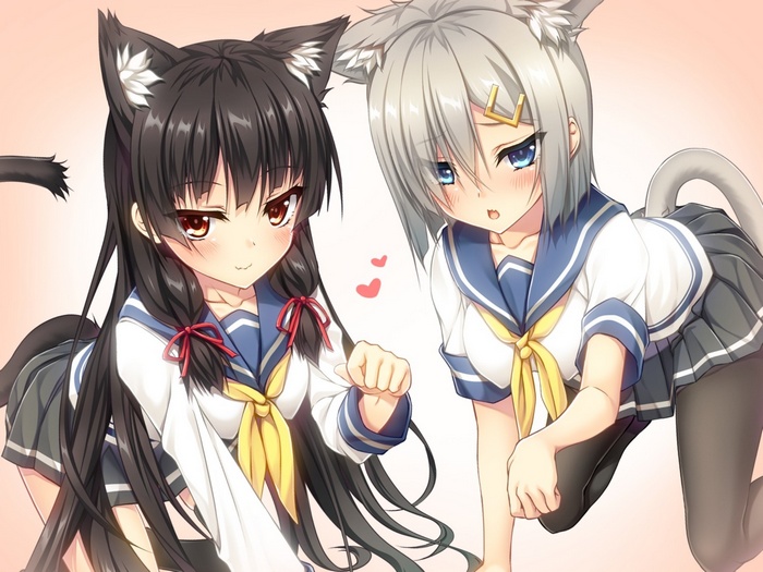 nekomimi, anime, Kantai Collection, school uniform, cat girl, Hamakaze (KanColle) , Isokaze (KanColle) , animal ears