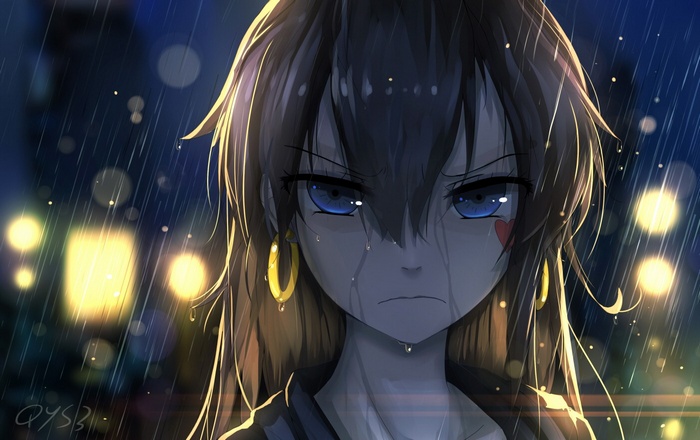 Anime girl with blue eyes crying in the rain