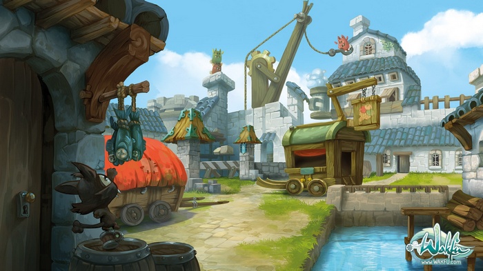 Wakfu village scene with a black cat and fish
