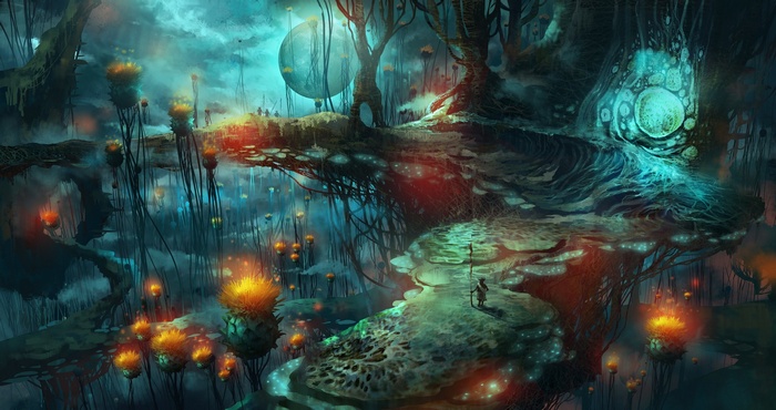 Fantasy art of a surreal alien forest with glowing mushrooms