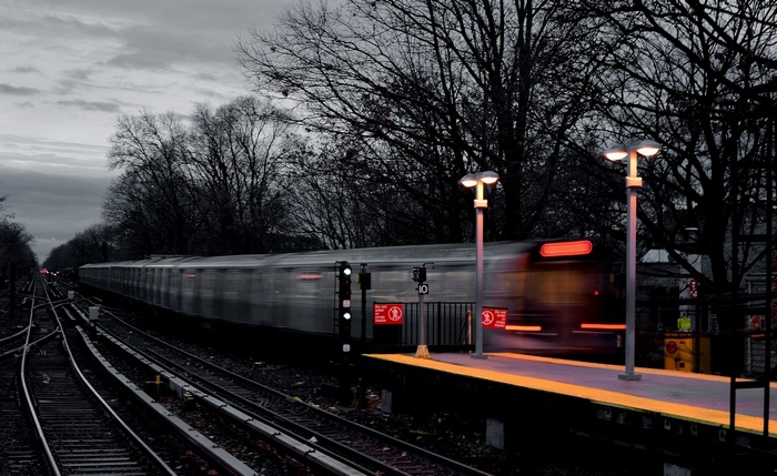 Train station with motion blur and selective coloring