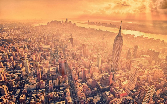 Aerial view of New York City skyline at sunset
