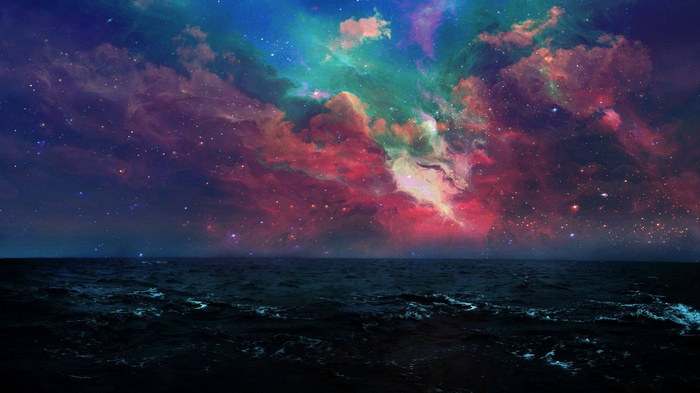 Colorful nebula over a dark ocean