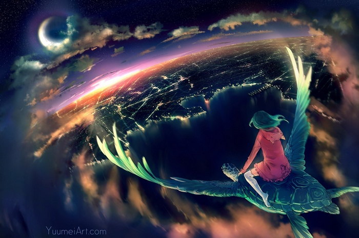 Girl riding a turtle over a cityscape at night