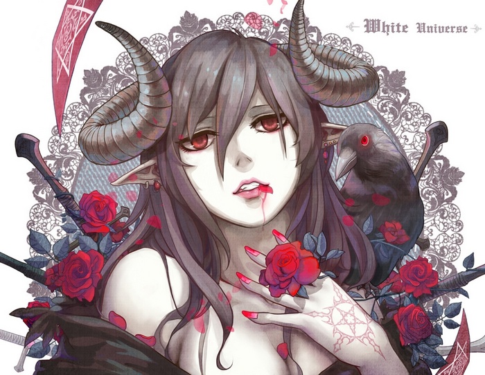 Anime girl with horns and a crow