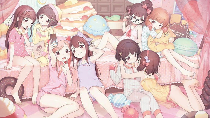 loli, anime girls, anime, candies, pyjamas, pink pajamas, pink, original characters