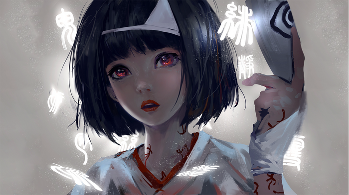 Anime girl with black hair and red eyes, WLOP artwork