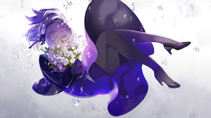 purple, Yin, Darker than Black, pantyhose, black heels, bouquets, heels, purple hair, purple dresses, anime, flowers, anime girls