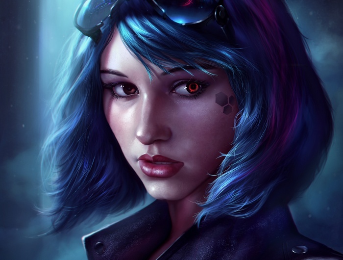 Science fiction woman with blue hair and cybernetic eye