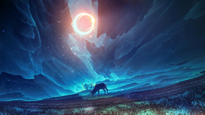 Fantasy art of a deer under a ringed sun