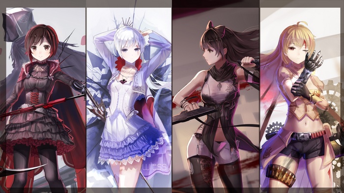 RWBY, Blake Belladonna, Weiss Schnee, Ruby Rose (character), skirt, Yang Xiao Long, anime girls, collage, anime