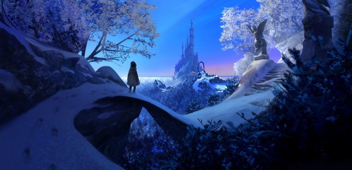 Girl in winter landscape with ice castle and angel statue