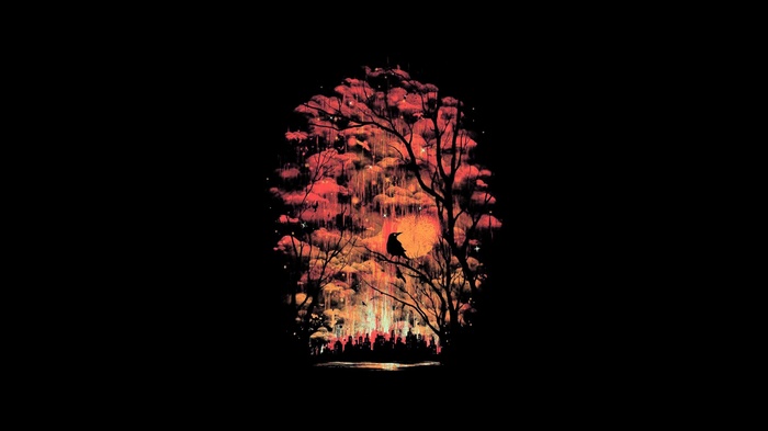 Minimalist bird silhouette against a colorful, abstract forest scene