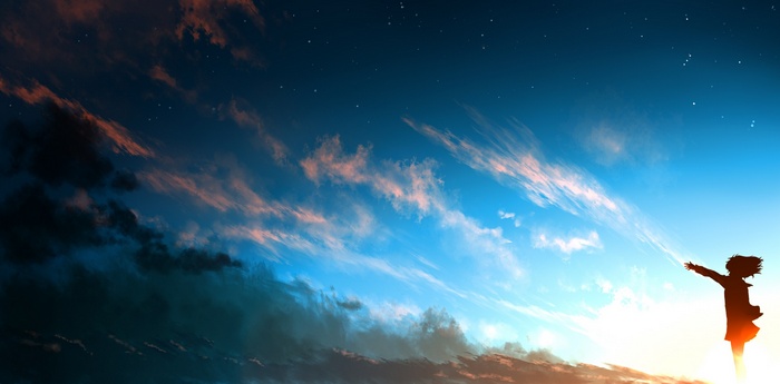 Anime girl reaching for the sky with clouds