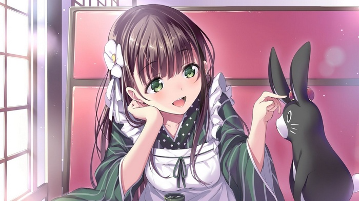 Ujimatsu Chiya in Kimono with a Rabbit