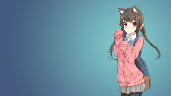 Anime cat girl in school uniform with pink hoodie