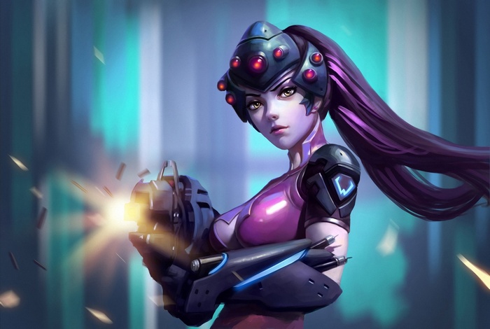 Widowmaker from Overwatch firing her weapon
