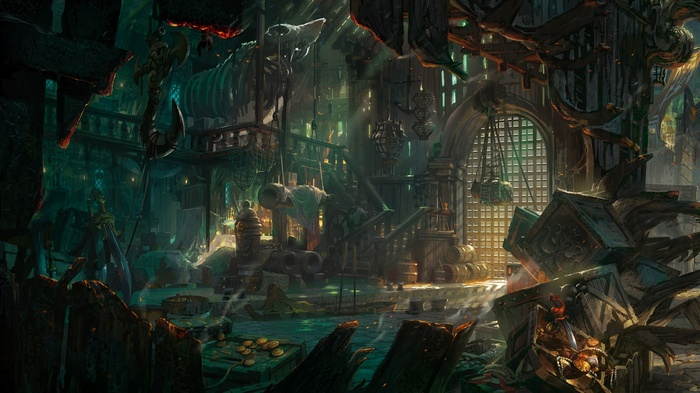 Bilgewater pirate docks with a giant skeleton and treasure