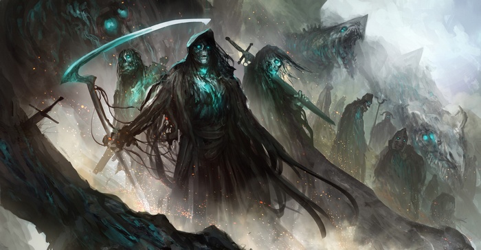 Fantasy art of undead figures with glowing eyes