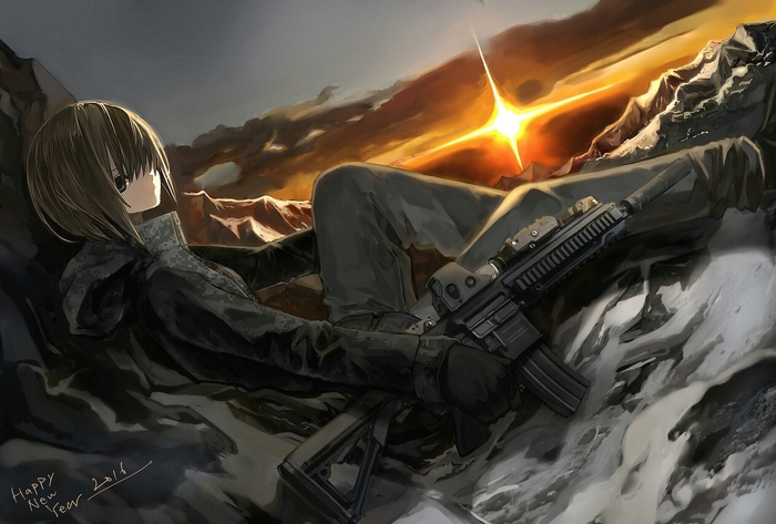 Anime girl with a rifle in mountains at sunset