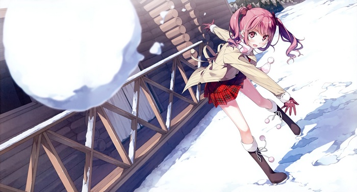 Anime girl with pink hair throwing a snowball