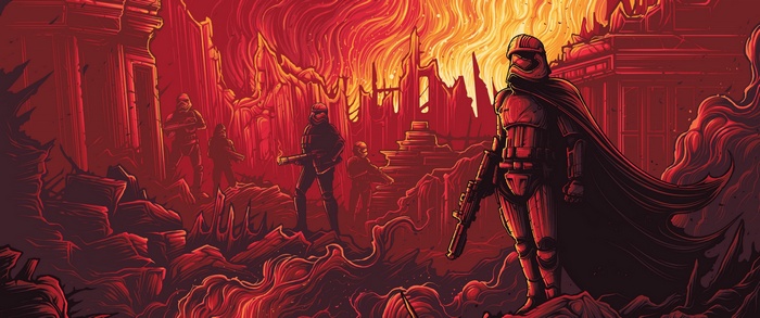 Stormtroopers in a burning Star Wars landscape