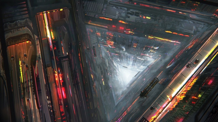 Futuristic city concept art with triangular perspective
