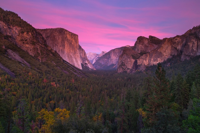 Yosemite National Park valley at sunset