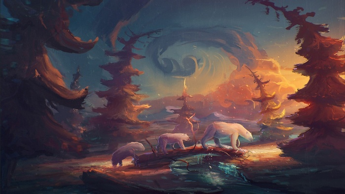 Painting of polar bears in a forest