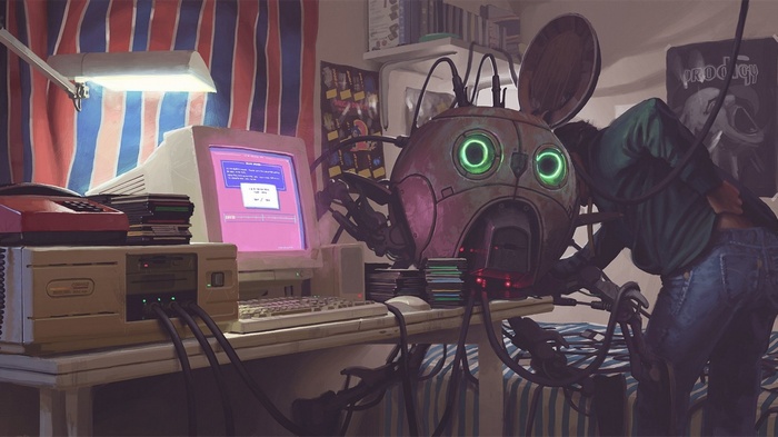 Simon Stålenhag artwork of a robot and a person at a computer