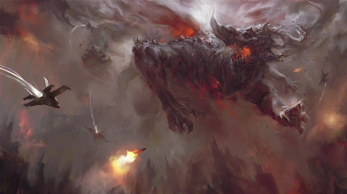 Monster fighting fighter jets in a fiery sky