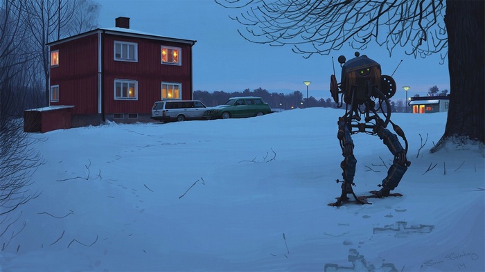 Simon Stålenhag artwork of a mech in the snow