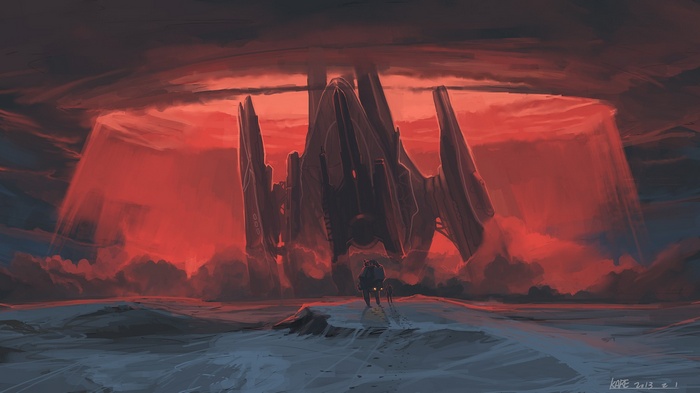 Giant alien structure in a red sky with a lone figure