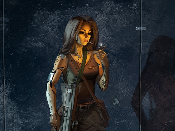 Cyborg woman lighting a cigarette with a rifle