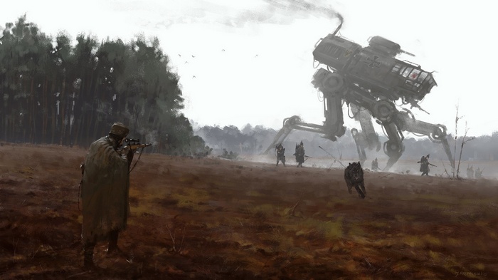 Soldier aims rifle at a giant mech and wolf