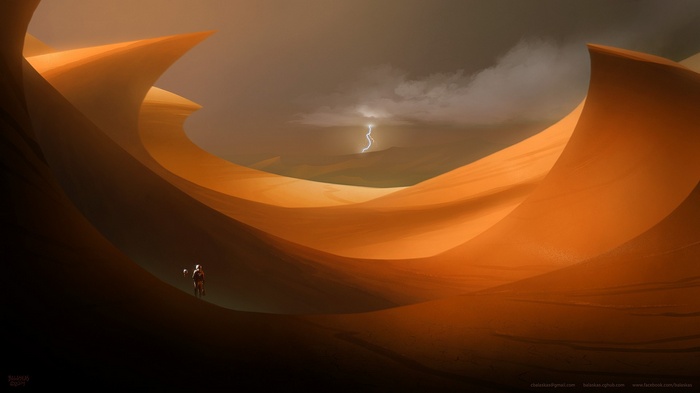 Astronaut in a desert during a lightning storm