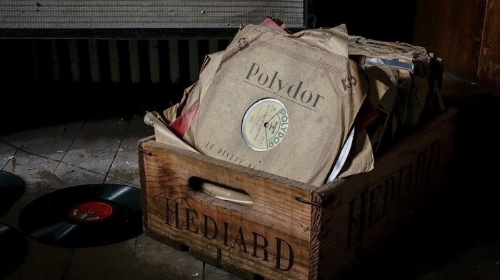 Polydor vinyl records in a wooden crate