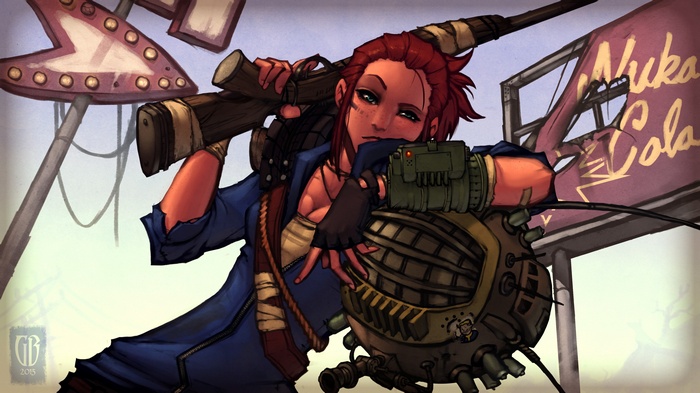 Redhead woman with rifle and robot in Fallout