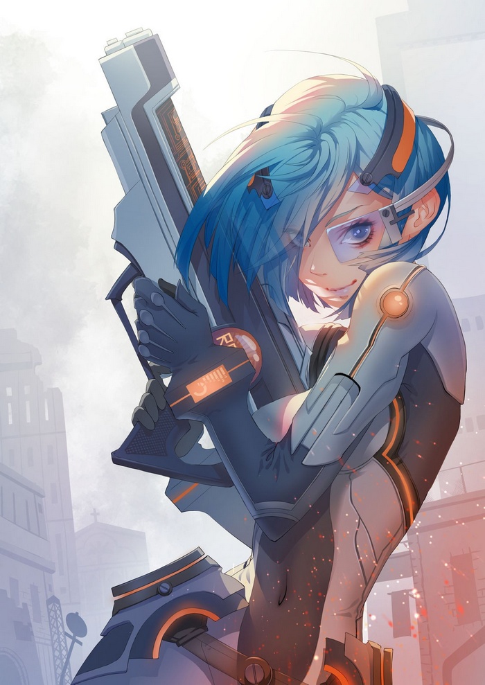 Anime girl with blue hair holding a rifle