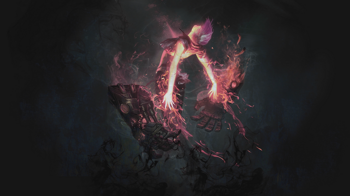 Vi from League of Legends engulfed in pink and orange flames