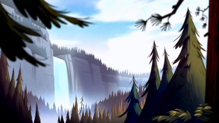 Gravity Falls Waterfall and Forest Landscape