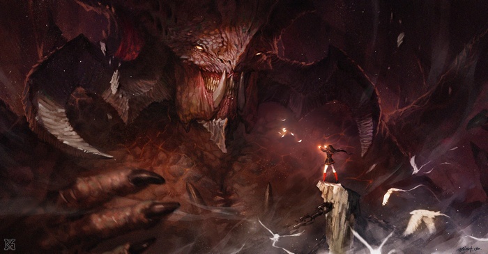A girl confronts a giant demon in a dark fantasy landscape
